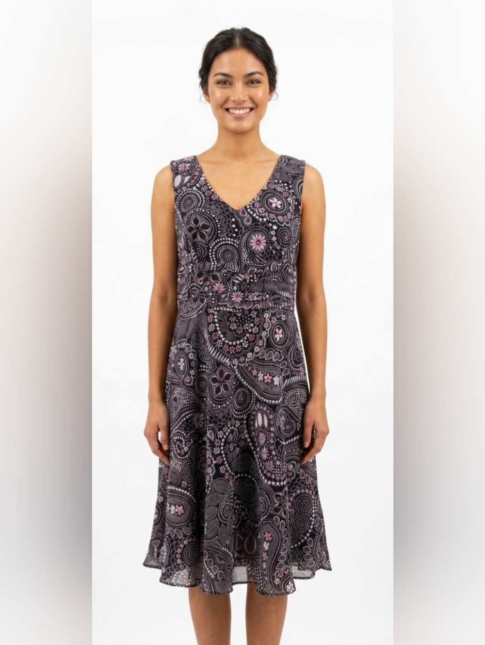 Studio 1 Sleeveless V-Neck Midi Dress in Black & Pink Paisley Size 6P